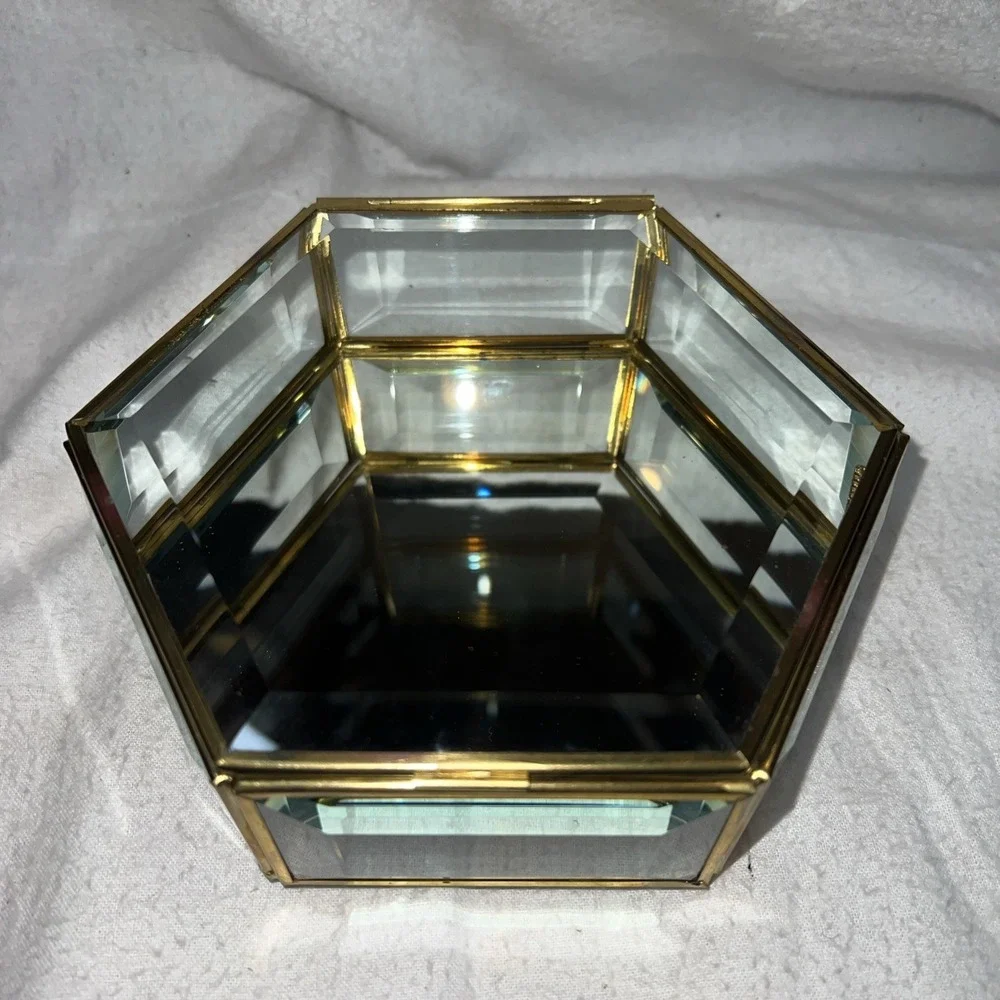 VTG Beveled Glass Mirror Bottom Hinged Display Case Trinket Jewelry Box Curio 7